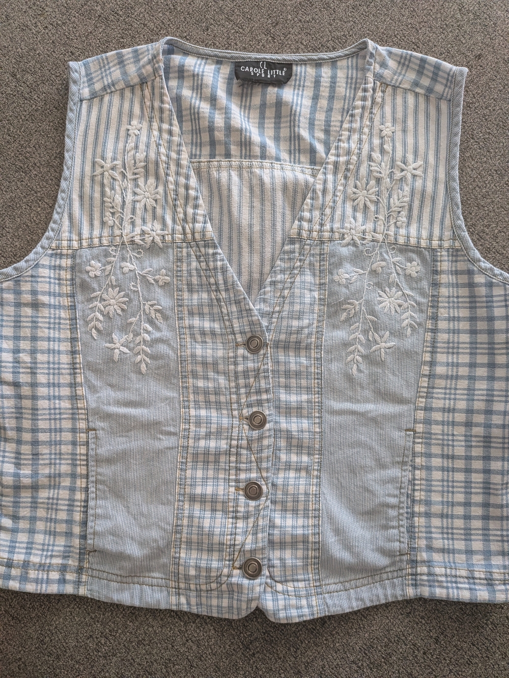Vintage Carole Little Patchwork Light Blue & White Embroidered Floral Vest